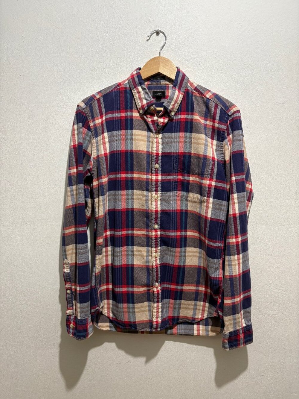 J Crew slim broken-in cotton oxford shirt in red, navy & cream plaid